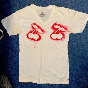 White with Painted Red Cherries TShirt Vneck- Small
